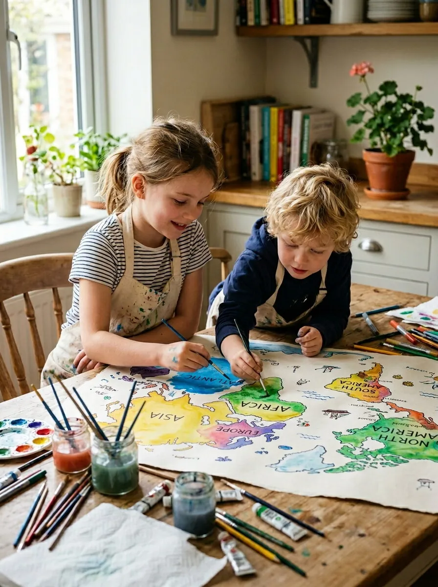 Enfant qui dessine à une table, dans une pièce lumineuse