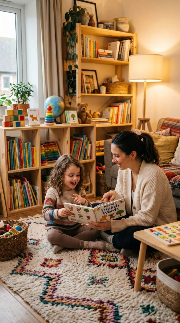 Cahier d’anglais ouvert sur une table familiale