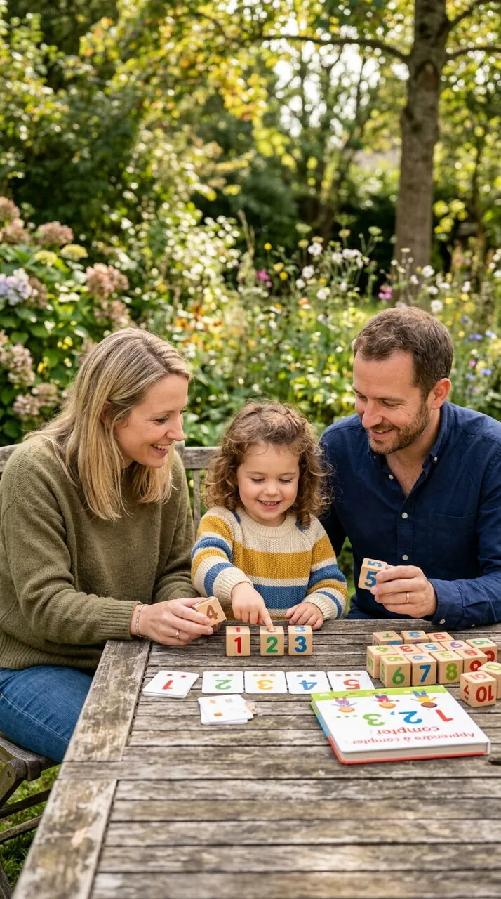 Enfant qui compte avec des objets sur un plateau