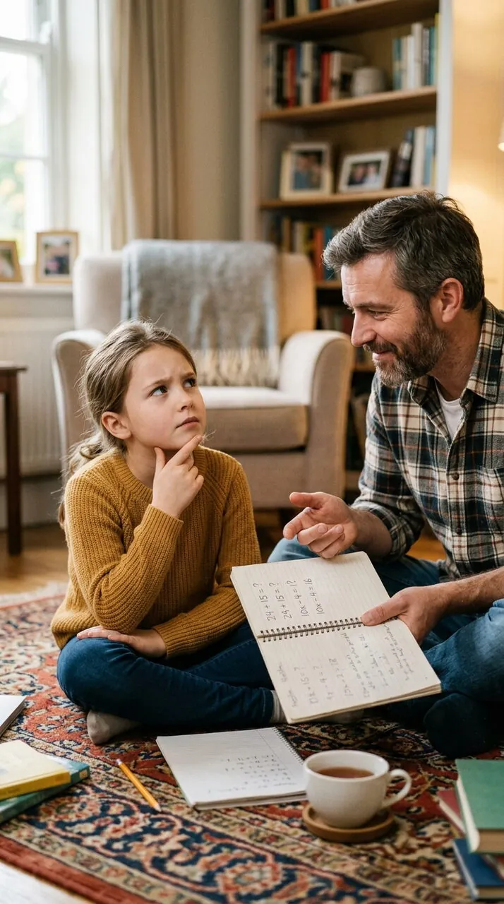 Enfant qui réfléchit devant un cahier de maths