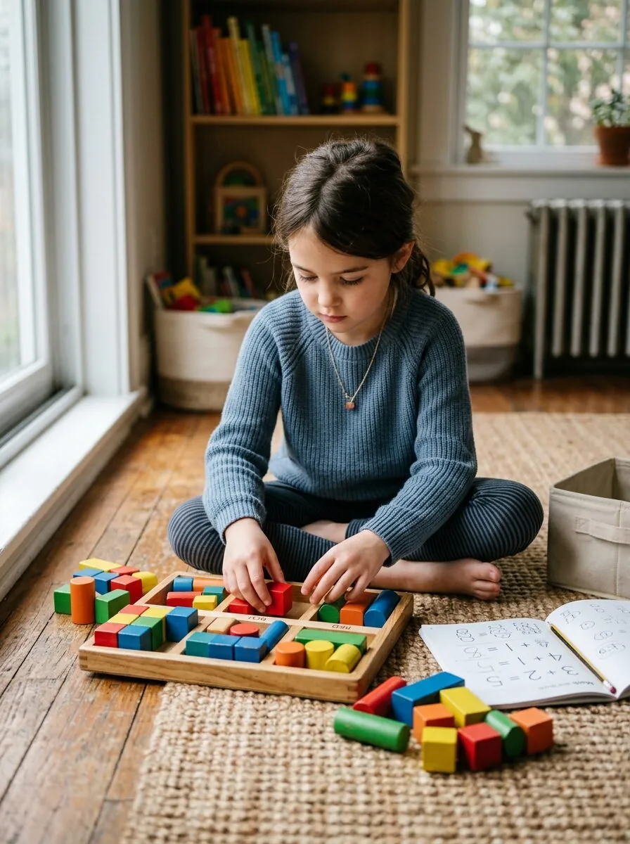Enfant concentré sur un plateau de cubes en bois