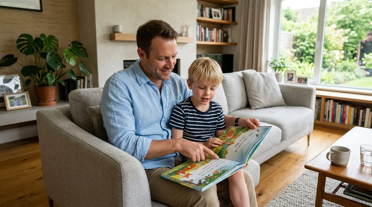Parent et enfant autour d’un cahier, dans une chambre d’enfant