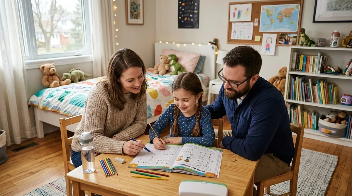 Famille autour d’un bureau : les deux parents aident l’enfant
